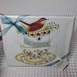 NWT Alice's Cottage Flour Sack Towels 24x36 Set Of 2 Stacked Teacups w/Wren